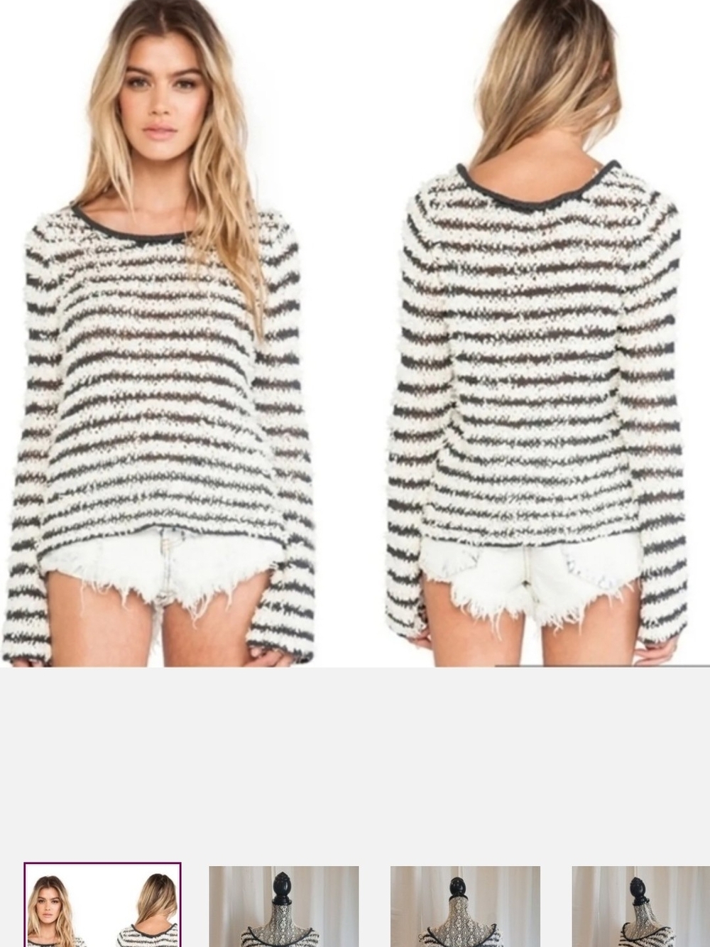 Free People Downy Stripe Shaggy  Pullover Sweater Bell Sleeve Ivory Combo Size L